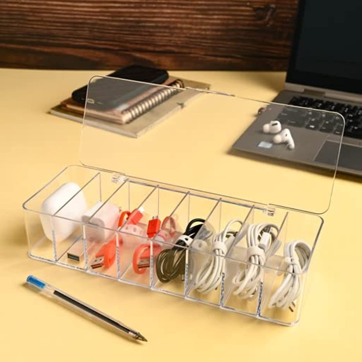 EBOX Data Cable Organizer Storage Box With Lid Electronic cables Organizer Box Transparent Charger Cable Organiser Desk Accessories Storage Organizer Cable Management Tidy With 10 Cable Ties Straps