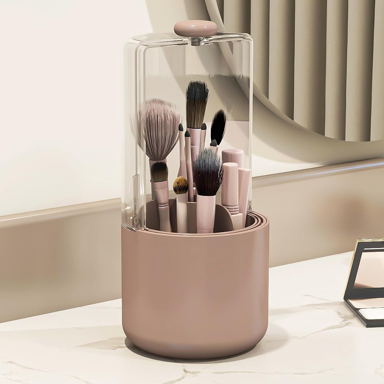 Makeup Brush Holder with Dustproof Cover, Clear 360 Rotating Make Up Brushes Organizer for Counter Vanity Bathroom, Pink - Image 7