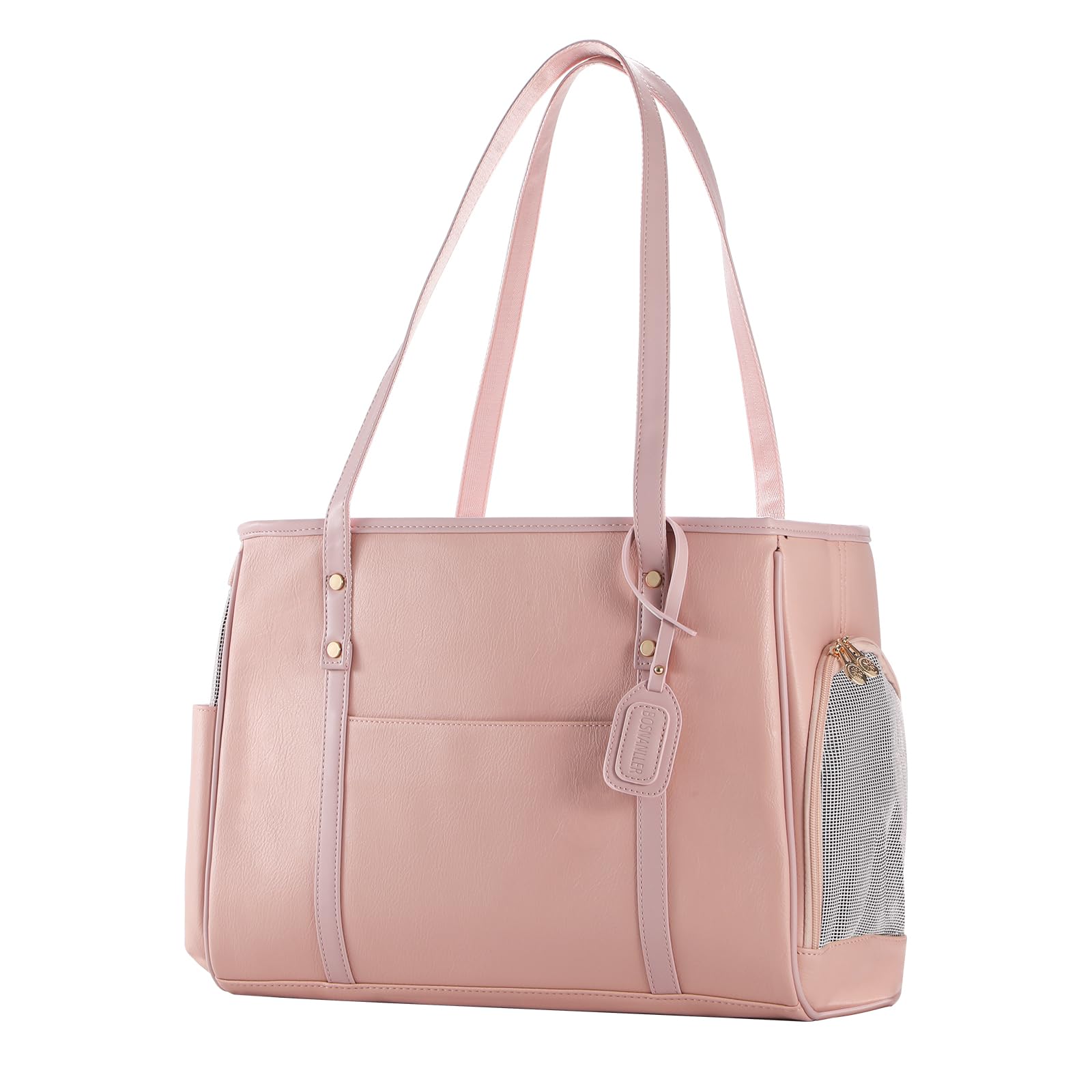 Bosnanller Fashion Dog Carrier Purse, Premium Leather Cat Carrier Bag, Airline Approved Soft Sided Pet Travel Tote Bag with Pockets Pink