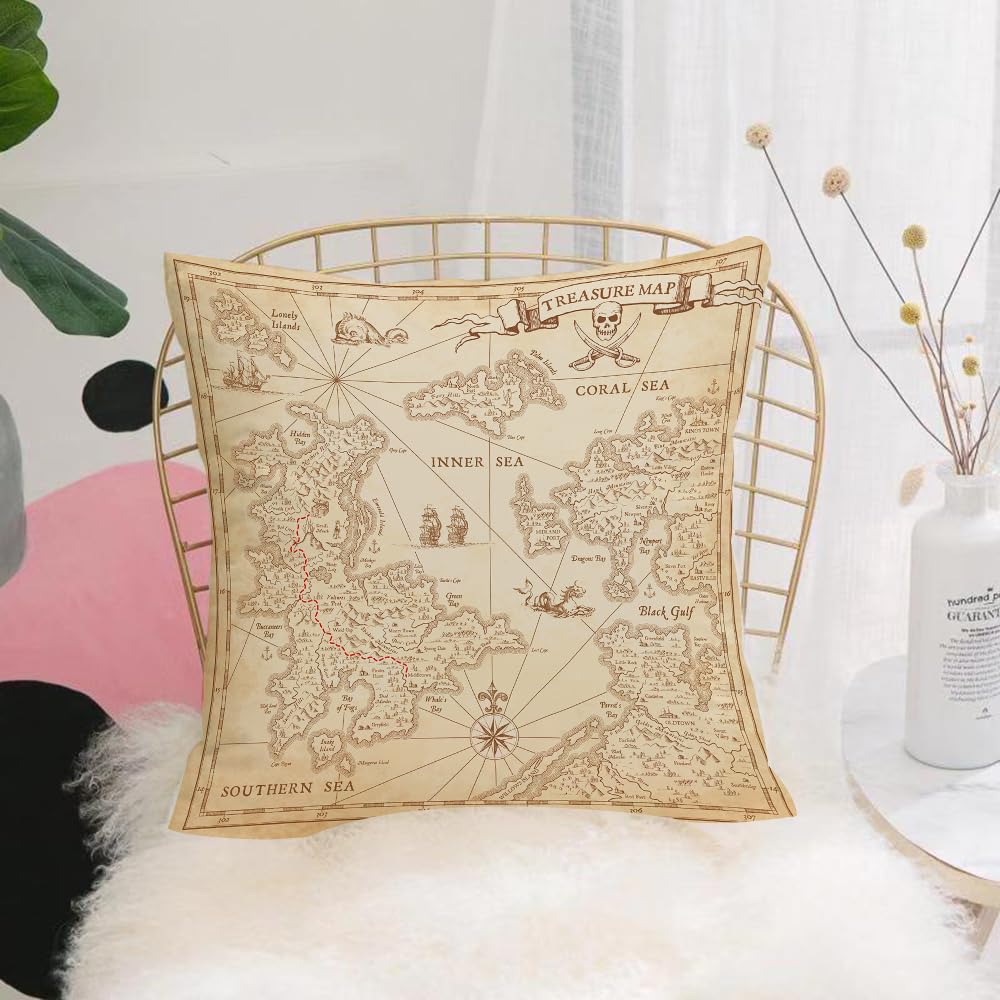 HYOSXW Cushion Cover,Throw Pillow Case Home Decorative for Living Room Bedroom Sofa Chair 16X16 Inch,Map,Highly Detailed Ancient Grunge Treasure Map Adventure Sailing Island Jo,Pillowcase 40X40cm