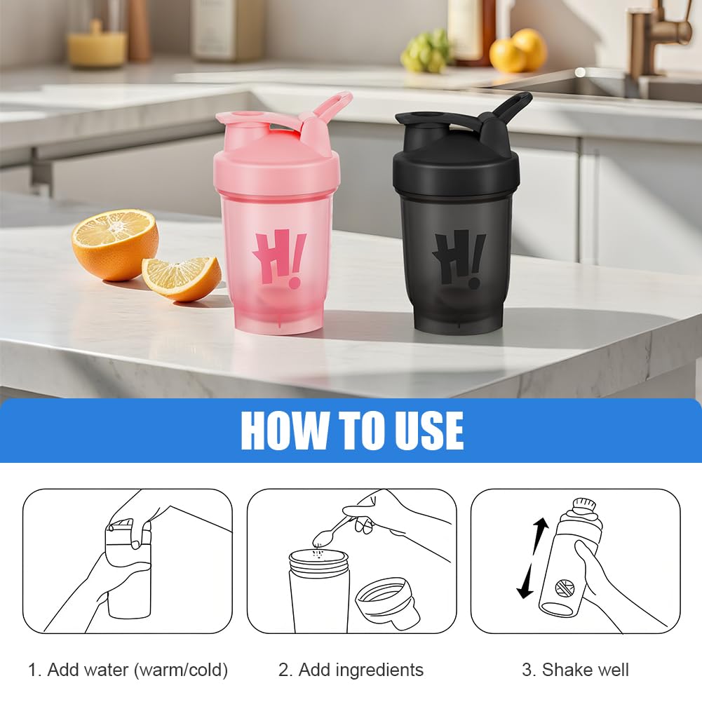 AOOWU Shaker per Proteine, 2 Pcs Shaker Proteico 350 ML con Sfera di Miscelazione, Agitatore Snap-Fit, Protein Bottiglie a Prova di Perdite, Bottiglie per Miscele di Proteine e Integratori, Senza BPA