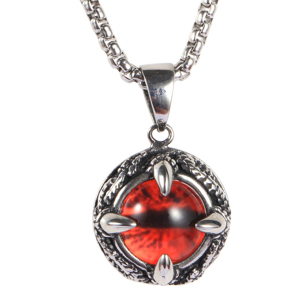 Men's Stainless Steel Vintage Gothic Biker Dragon Claw Red Evil Eye Pendant Necklace 22 Inch Chain
