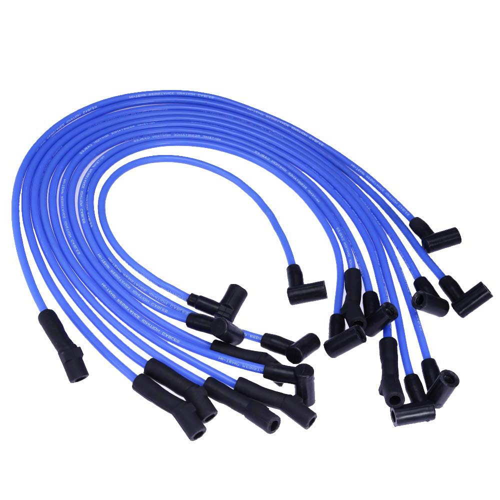 Unifizz Jeu de câbles de bougie d'allumage bleus de course 9 mm, fils d'allumage de rechange pour moteurs for Ford Mustang, F-150, 5,0 L et 5,8 L V8, SBF 302 Windsor