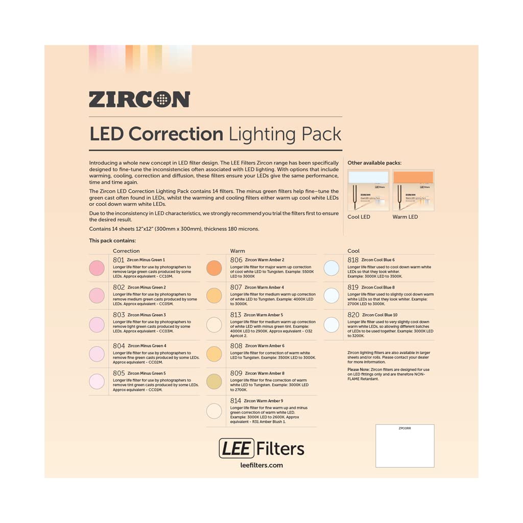 LEE LED Correction Lighting Gel Filter Pack 300mm x 300mm - Contains 14 Sheets, 1 Sheet Per Colour Totalling 14 sheets
