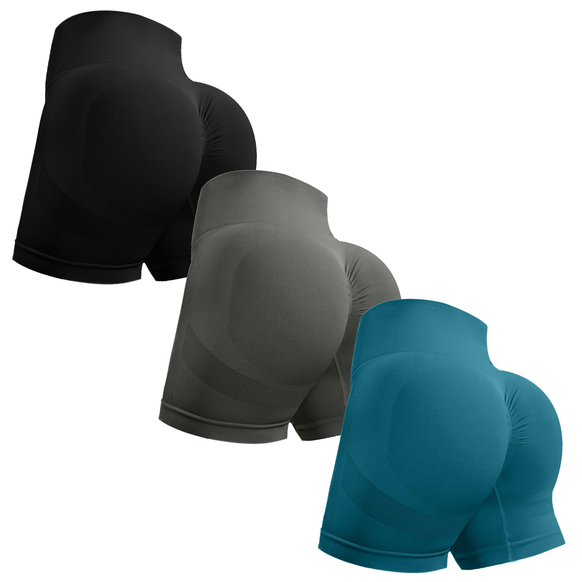 OVESPORT 3 Piece Workout Shorts for Women Seamless Scrunch Butt Lifting High Waisted Yoga Gym Booty Running Short Pants X-Large Black/Dark Gray/Cyan