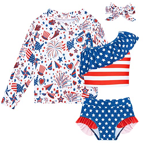 Image of Funnycokid Baby Toddler Girls Swimsuit 4 Piece Bathing Suit Long Sleeve Rash Guard Sets 12 Months-7 Years