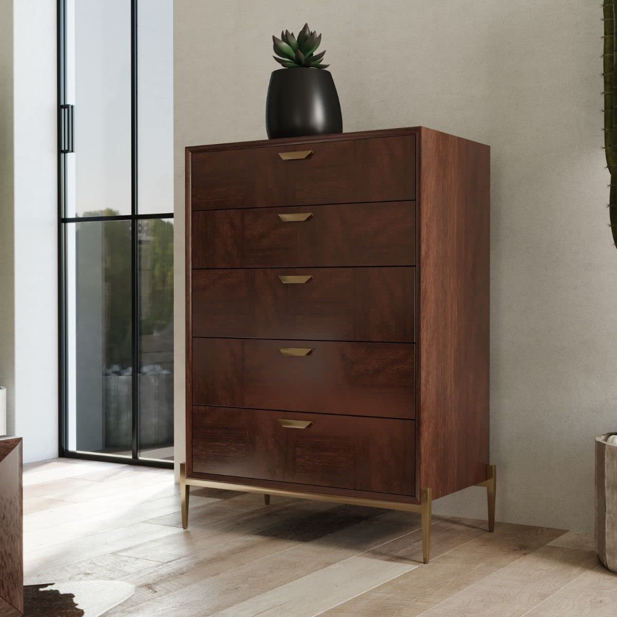 DEMIWALL Solid Mango Wood & Iron Chest of Drawers for Bedroom | Console Cabinet for Living Room | File Cabinet for Home & Office | Dresser for Clothes with 5 Drawers | Lacquer in Provincial Finish-image-45