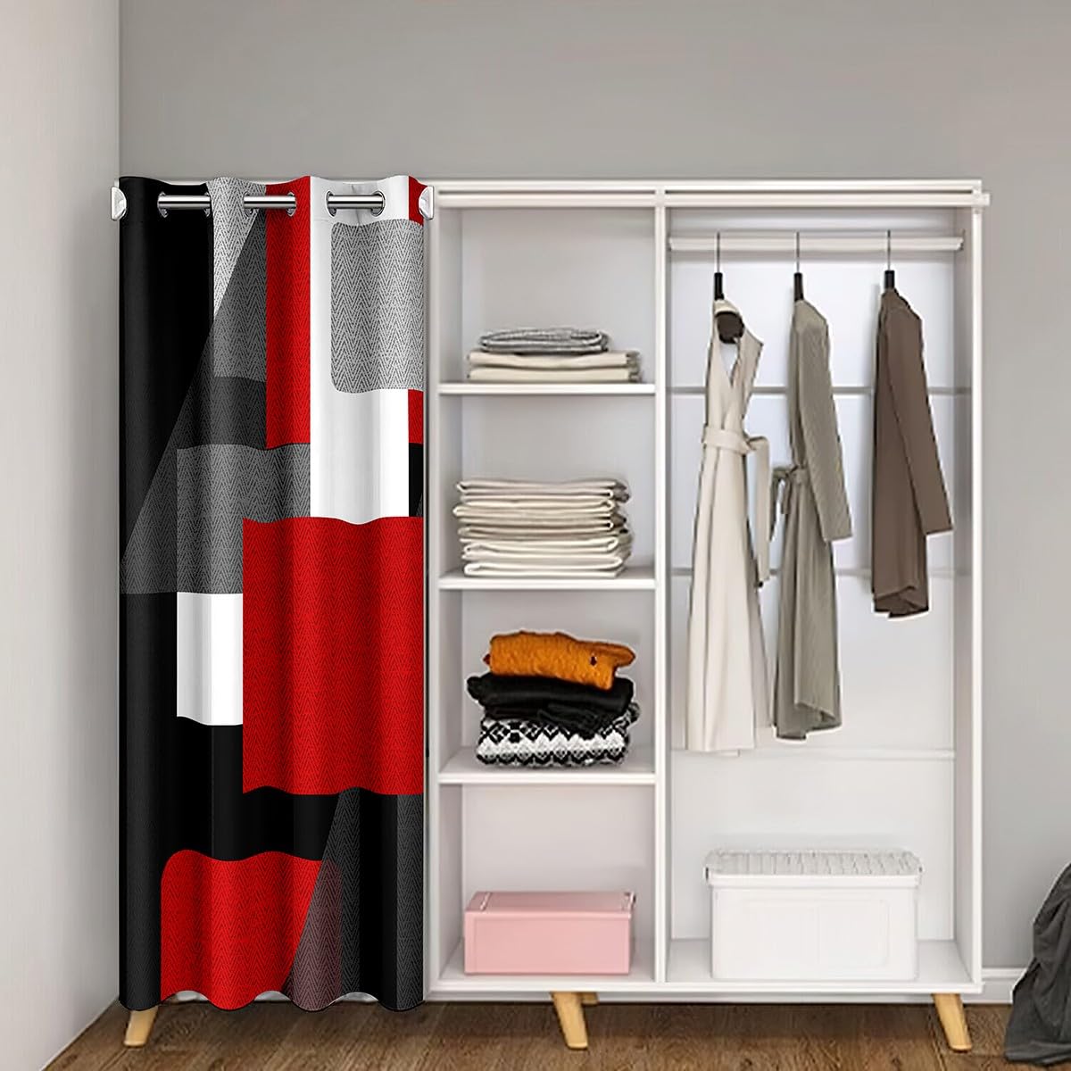 Red and Black 30%-50% Room Darkening Blackout Curtain Door Curtain for Boys Girls TeensGeometric Square Room Divider Curtain Cover 86x203cm Abstract Art Window Treatments - Image 2