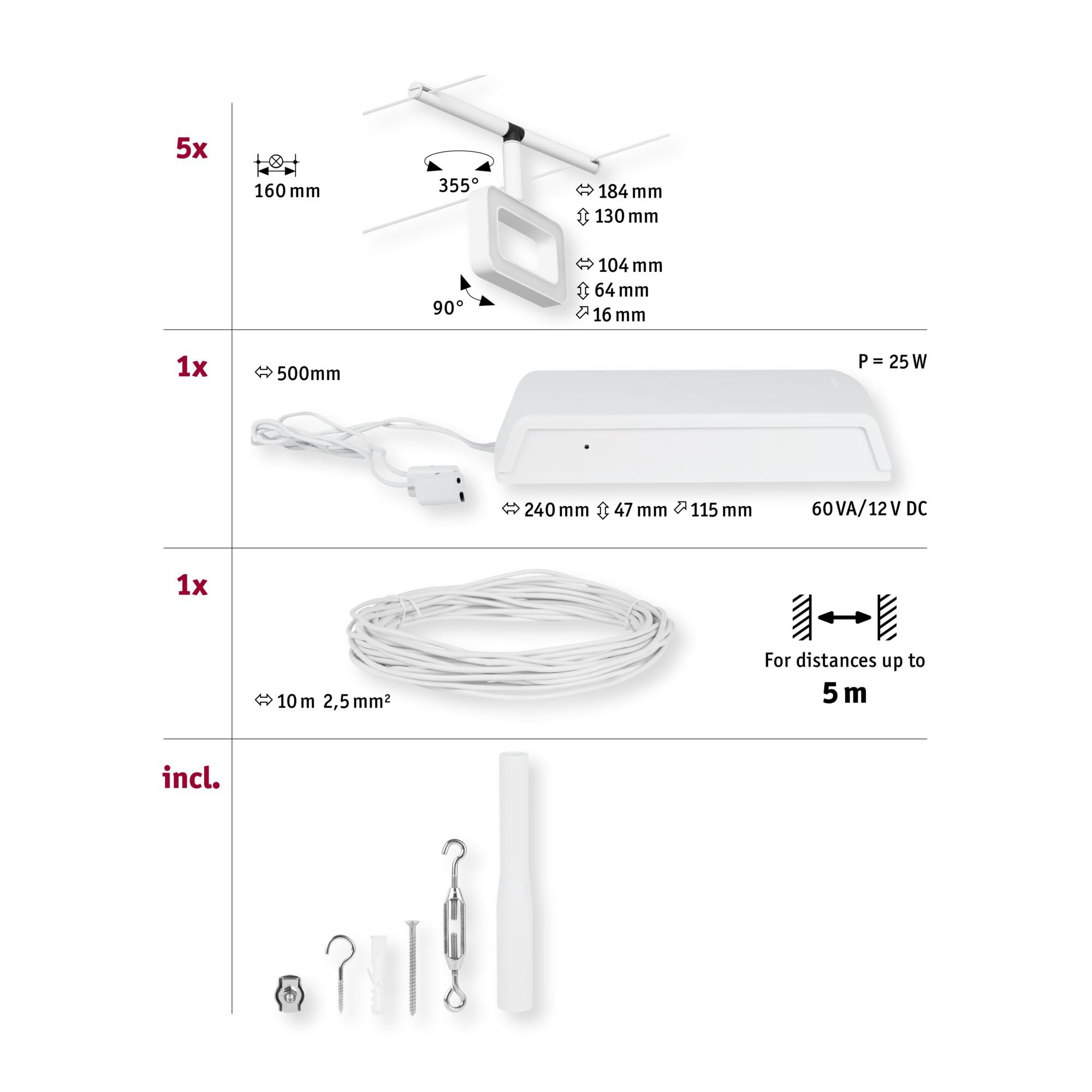 Paulmann 94483 LED Seilsytem Frame Basisset 5x400lm incl. 5x4,8 W Warmweiß Weiß matt, Chrom Kunststoff, Metall Beleuchtungssystem 3000 K