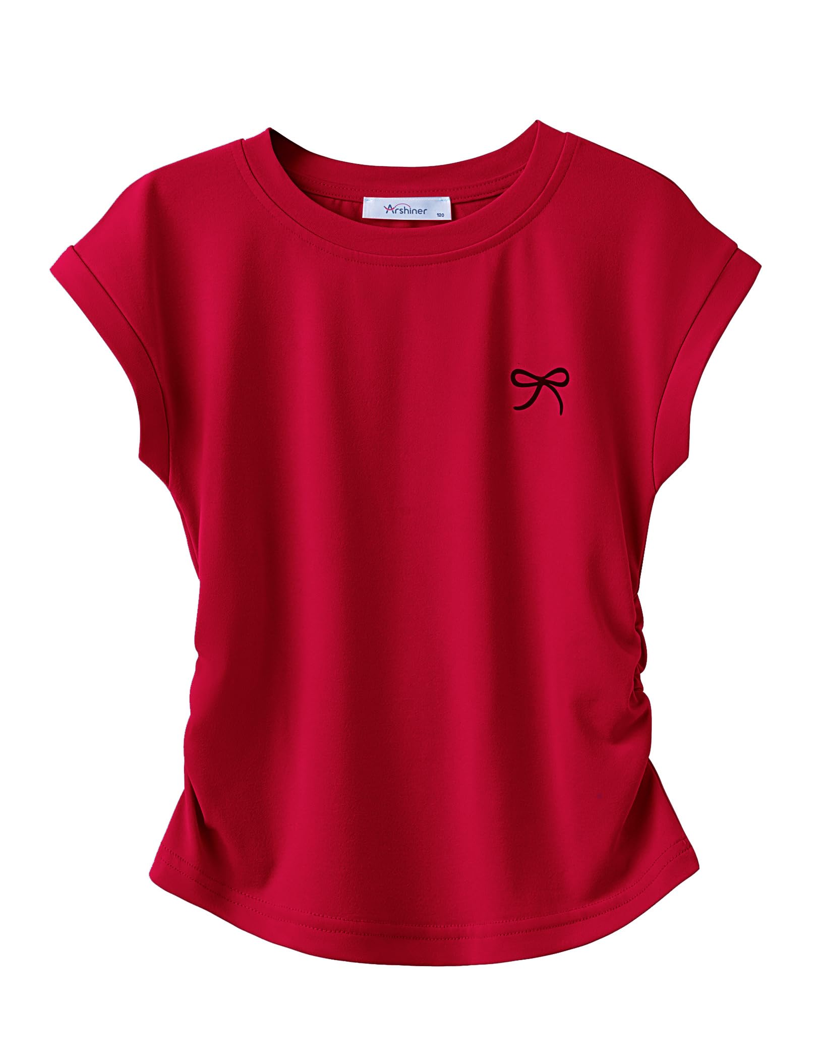 Arshiner Camiseta de Verano para niña con Estampado de Lazo, Ajustada, Manga Corta, Color Liso, Cuello Redondo, Top Informal de Verano para niñas de 5 a 12 años.