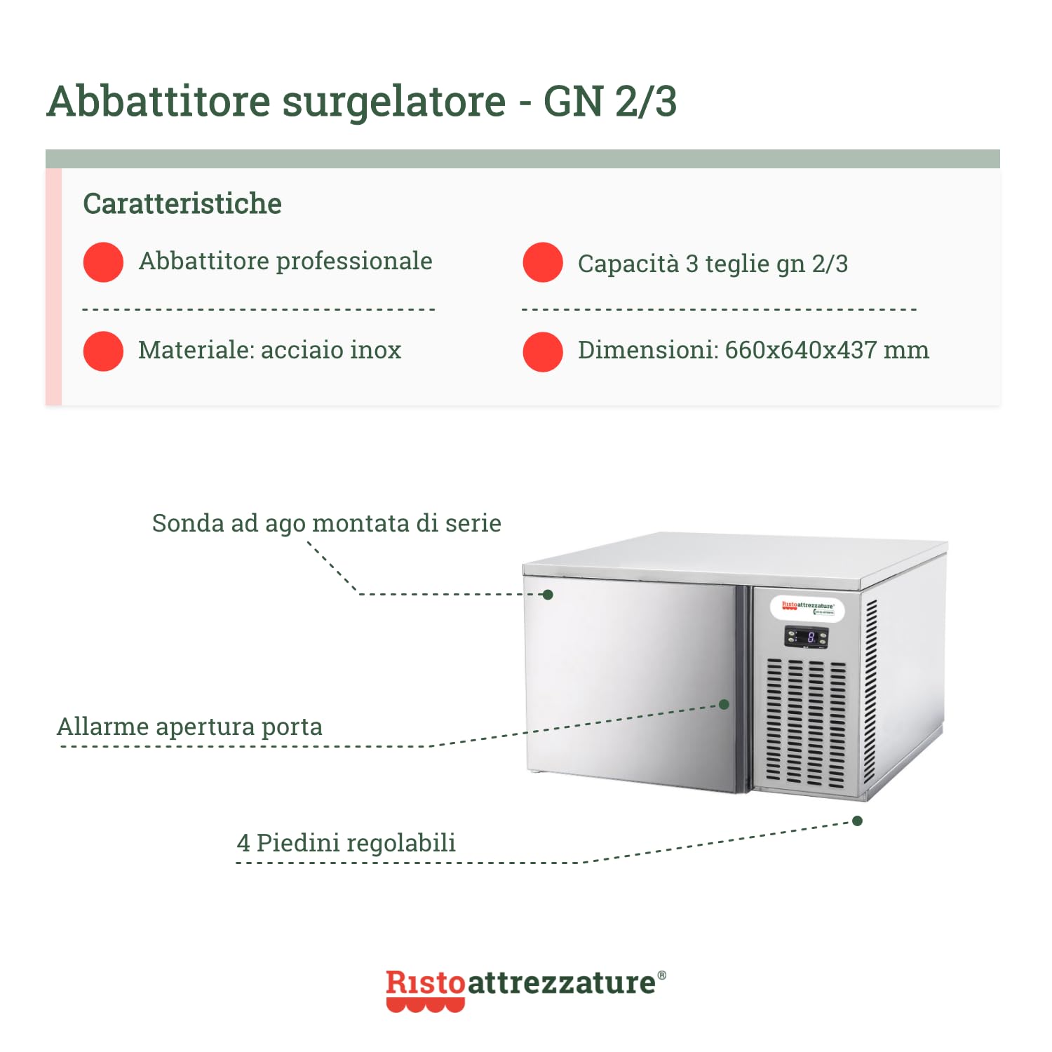 Ristoattrezzature Abbattitore surgelatore di temperatura professionale 3 teglie GN 2/3 fino a -38° C 0.42 kW - RA