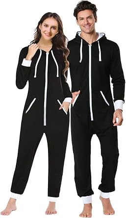 dressfan Unisex Pajamas Hooded Onesie Thermal Jumpsuit Black Zipper Non-Footed Women&Men