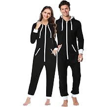 dressfan Unisex Pajamas Hooded Onesie Thermal Jumpsuit Black Zipper Non-Footed Women&Men