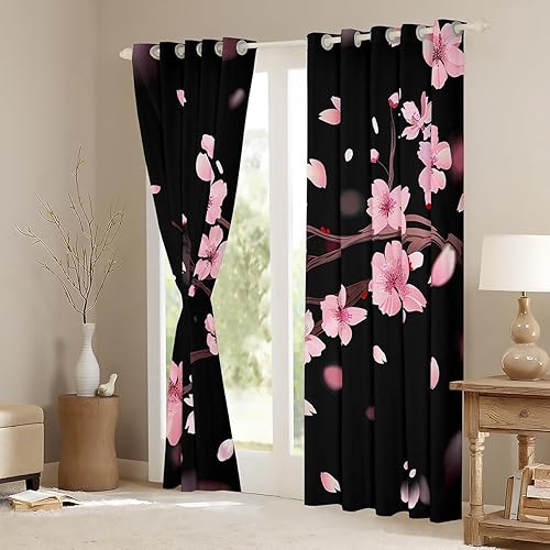 Miniatura 3 de Feelyou Cortinas opacas de 30 % a 50 % de flores de cerezo, cortinas de estilo japonés para niños y niñas, cortinas florales botánicas para