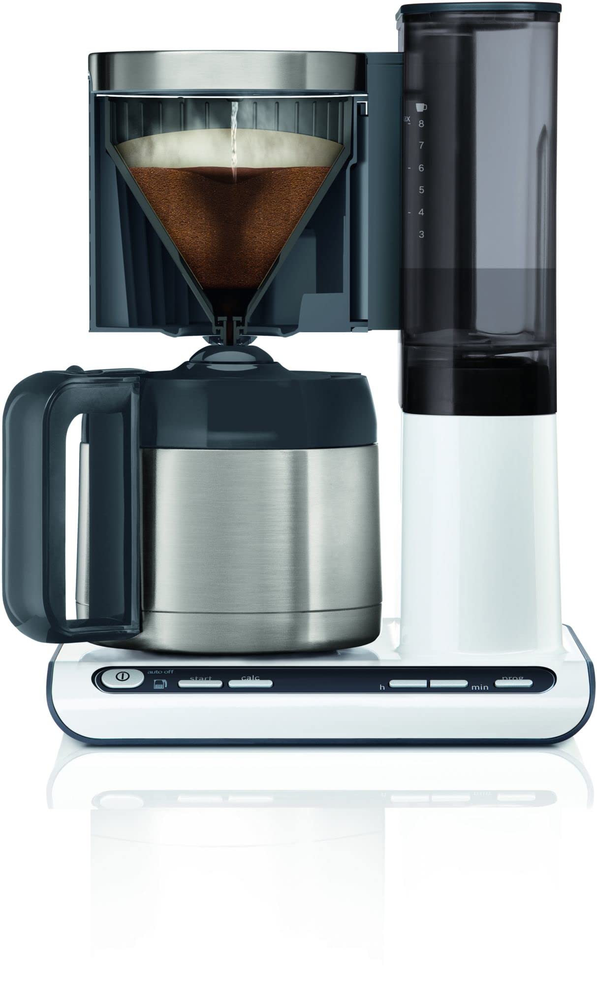 Bosch Filterkaffeemaschine Styline TKA8A681, Aroma Sensor, Edelstahl-Thermokanne 1,1 L, Für 8-12 Tassen, Abschaltautomatik, Entkalkungssystem, Tropfstopp, Abnehmbarer Wassertank (1 L), 1100 W, WeiÃŸ