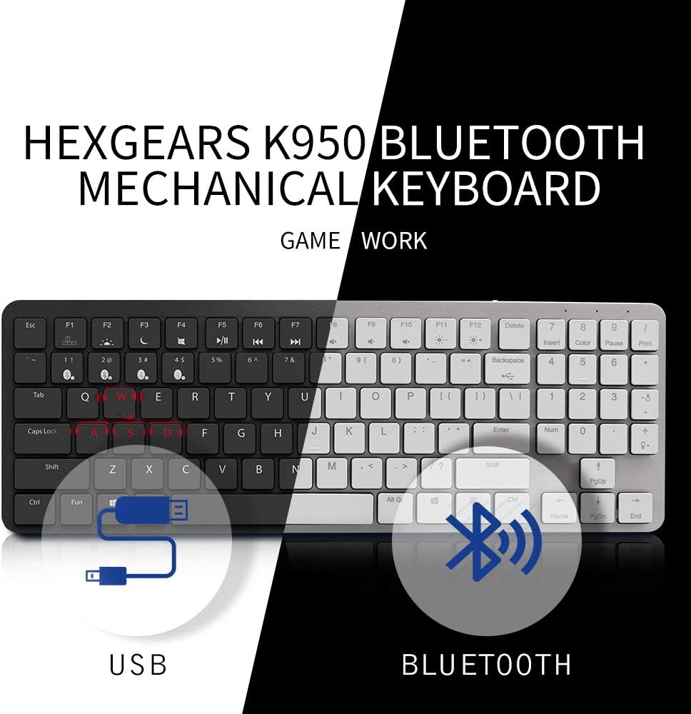 Diagram illustrating the dual connection modes of the Hexgears K950 keyboard: USB wired connection and Bluetooth wireless connection.
