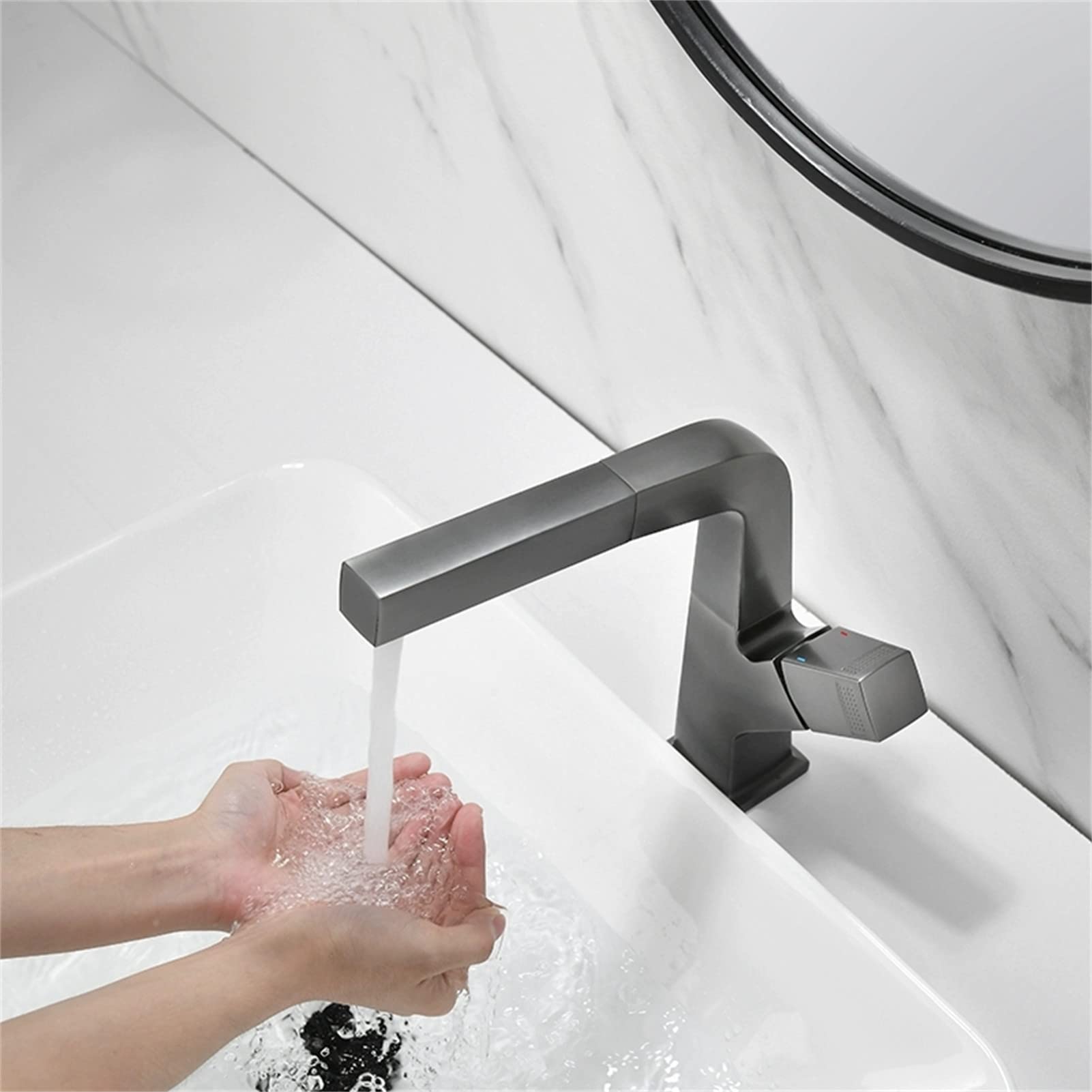 Grifo de Lavabo, Grifo Mezclador extraíble de latón para baño con caño Giratorio de 360 Grados y Doble función, para Agua fría y Caliente (Color: Negro)