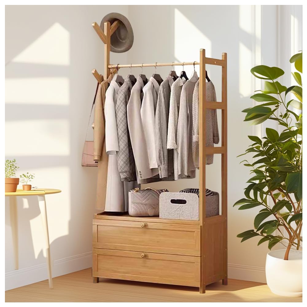 Bearqun Wood Color Wooden Coat Rack Stand, Coat Rack With Shoe Storage, With Shelves And Hooks, Aximum Load Of 100 Kg, Industrial Style, For Bedroom, Hallway And Entryway : 50/70/80/100Cmx30cmx158cm