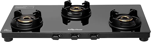 Surya Flame Futura Series Ultra Slim Body Gas Stove 3 Burner | 5G Brass Burners, Flame Guard Pan Support, Brass Revolving Nozzle, Manual Ignition,…