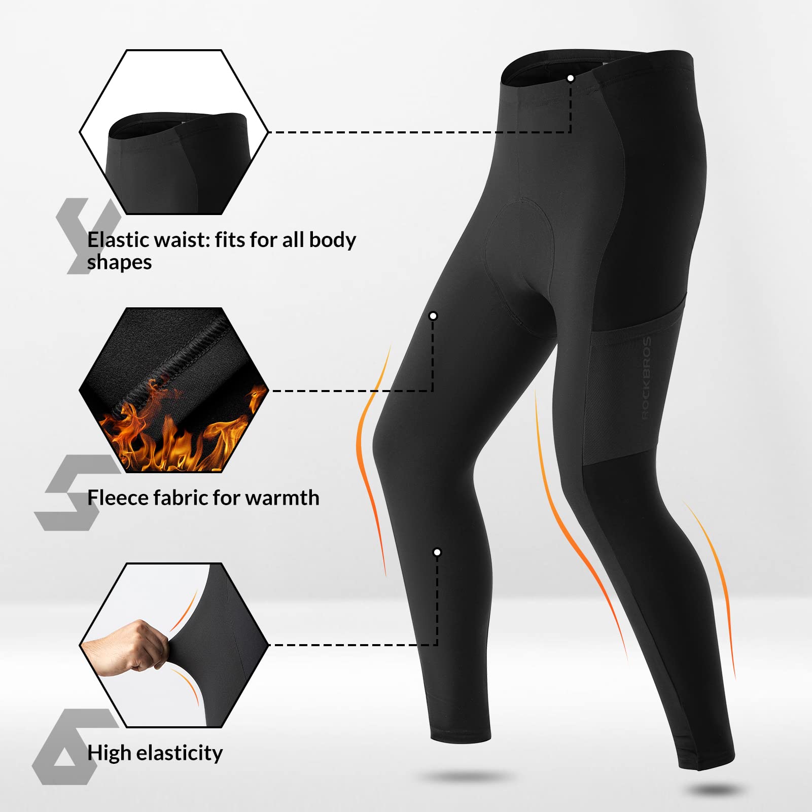 ROCKBROS Pantaloni Ciclismo Invernali, Pantaloni Lunghi Termici, Pantaloni Elastici con Imbottitura, per Sport all'Aperto Ciclismo, Corsa, Jogging, Uomo/Donna M-4XL