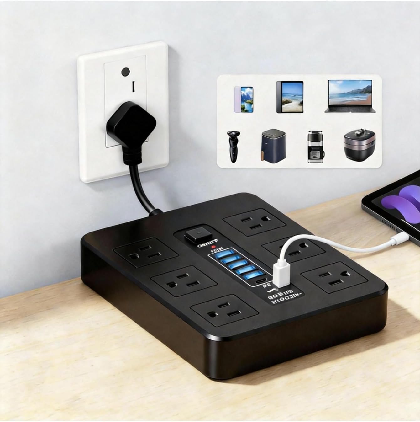 Surge Protected 12-in-1 Power Strip with USB Charging Ports for Home and Office, Compact Design