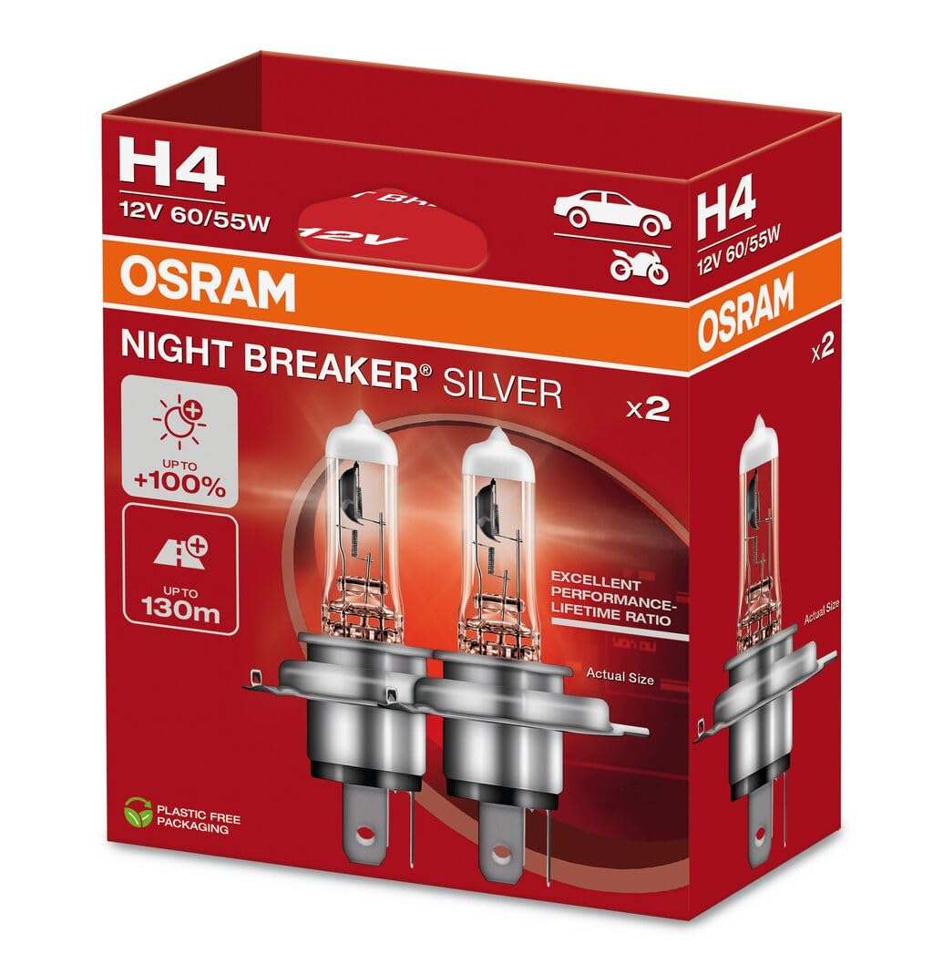 OSRAM Night Breaker Silver H4, +100% More Brightness, Halogen Headlight Bulb, 64193NBS-2HB, 12 V Car, Hanging Box (2 Lamps)