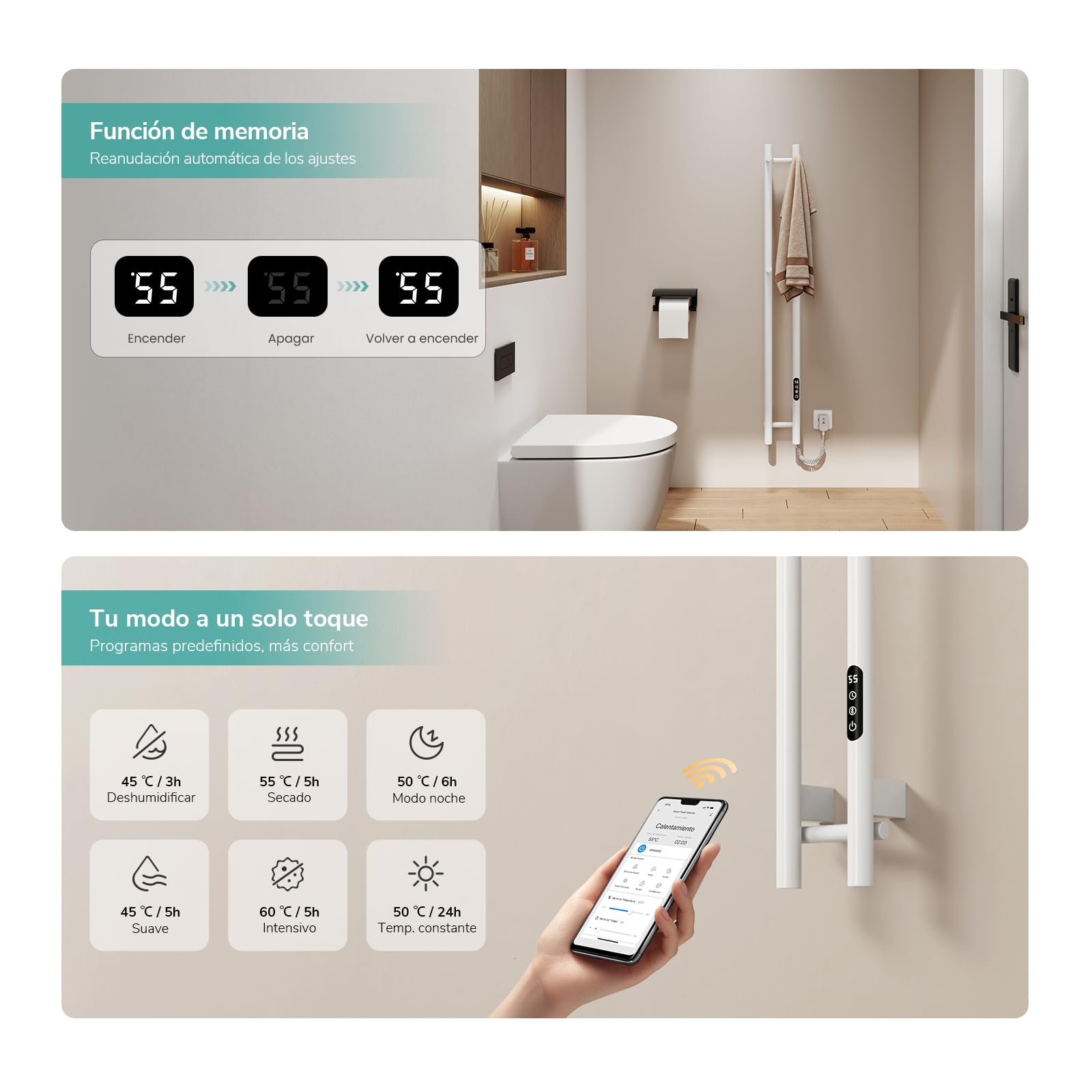 EMKE Toallero Eléctrico Inteligente Bajo Consumo, 120x12 cm,Blanco | Radiador Toallero WiFi de Fibra de Carbono, Termostato 30-70°C, Programable, de Pared,6 modos