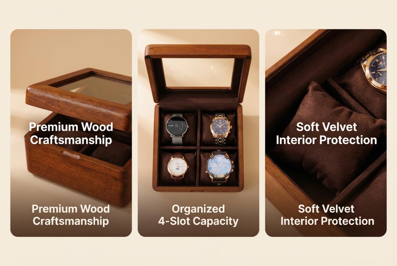 Watch Box for Men, 4-Slot Wooden Watch Case with Glass Lid, Display and Storage Organizer for Watches, Travel Watch Holder