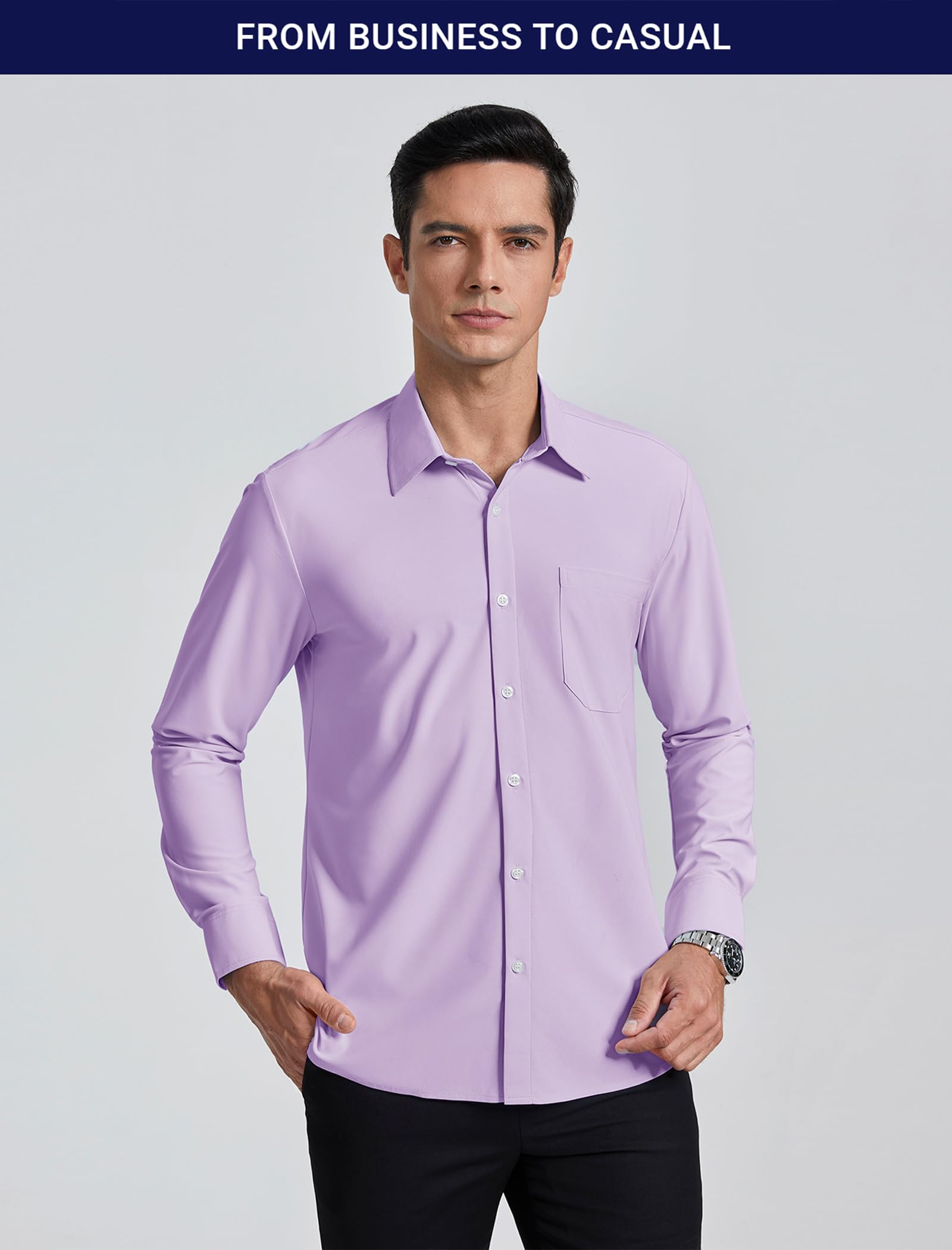 Enlision Camisa De Vestir para Hombre Manga Larga Stretch Sin Plancha Cuello con Botones Sin Arrugas Ajuste Regular Camisas Formales De Negocios con Bolsillo