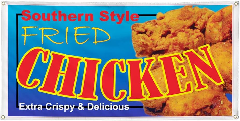 Vinyl Banner Multiple Sizes Southern Style Fried Chicken Restaurant Cafe A Restaurant & Food Outdoor Weatherproof Industrial Yard Signs Brown 4 Grommets 16x40Inches