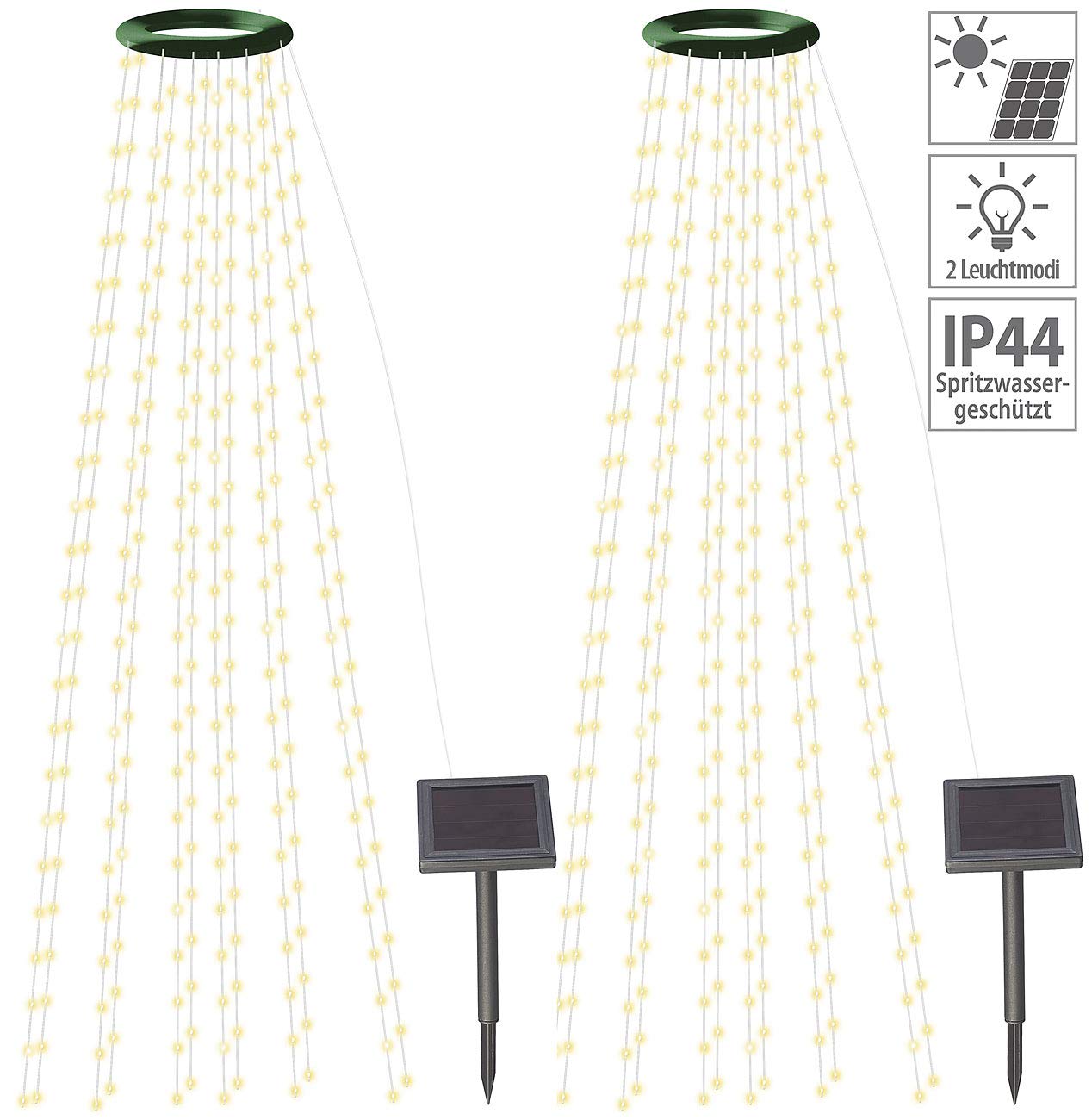 Lunartec Lichterkette Baum Solar: 2er-Set Solar-Tannenbaum-Überwurf-Lichterkette, 12 Girlanden, 300 LEDs (Weihnachten Lichterketten, Weihnachtsbaum Beleuchtungen, Leuchten)