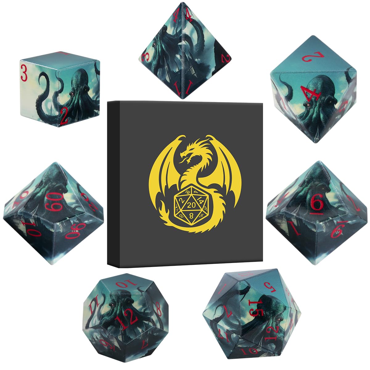 DND Dice Set, Octopus Theme Dice Set, UV Printed, Resin Material, DND Starter Set, 7pcs Polyhedral Dice Set with Dice Box, Role Playing Board Games Accessories