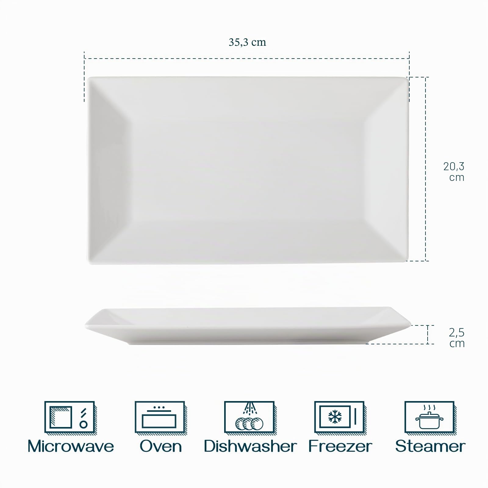 DOWAN Platos planos, Plato rectangular blanco, Vajilla para carne, aperitivos, postre, comida, fiesta, 36 x 20 cm, juego de 3