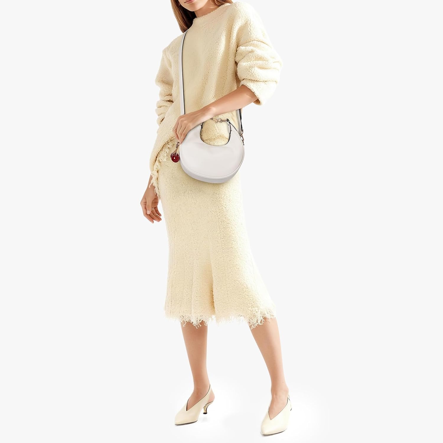 Lushandy Soft Leather Crescent Bag Small Shoulder Bag with Cherry Luna Bag 3-in-1 Clutch Purse Designer Hobo Tote Handbag | Smooth Zipper, Half-moon Design - Image 3