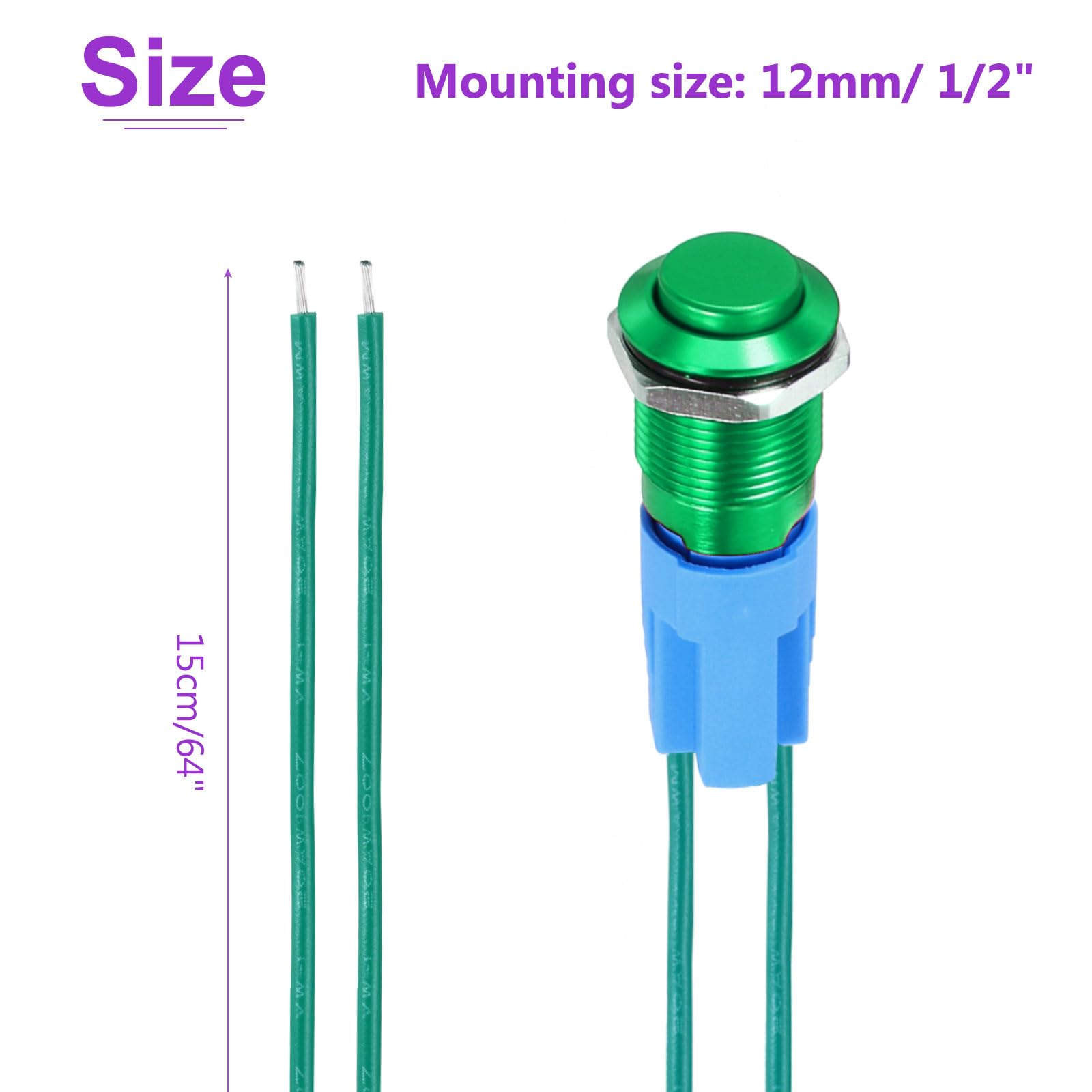 DMiotech 1/2 Inch Stainless Steel Latching Push Button Switch Domed Head 3A 0-250V Green Shell with Pre-soldered 1NO, 5Pcs - Image 4