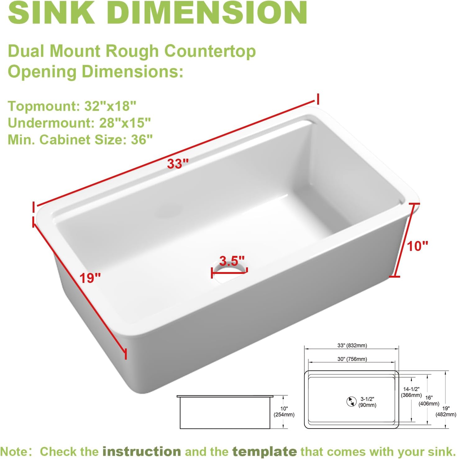 Undermount Kitchen Sink Workstation 33x19 Inch - Drop in White Farm Sink, Single Bowl Deep Fireclay Sink with 4 Accessories, for Kitchen, Island