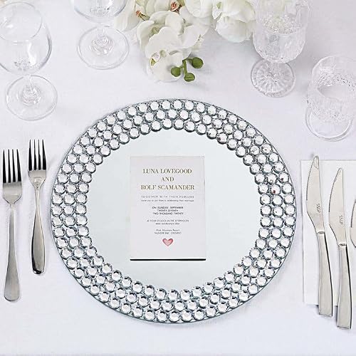 Efavormart Set Of 2 | 13" Round Silver Mirror Glass Charger Plates With Diamond Beaded Rim For Catering Events, Wedding Party Restaurant Dinner Parties #TOP3