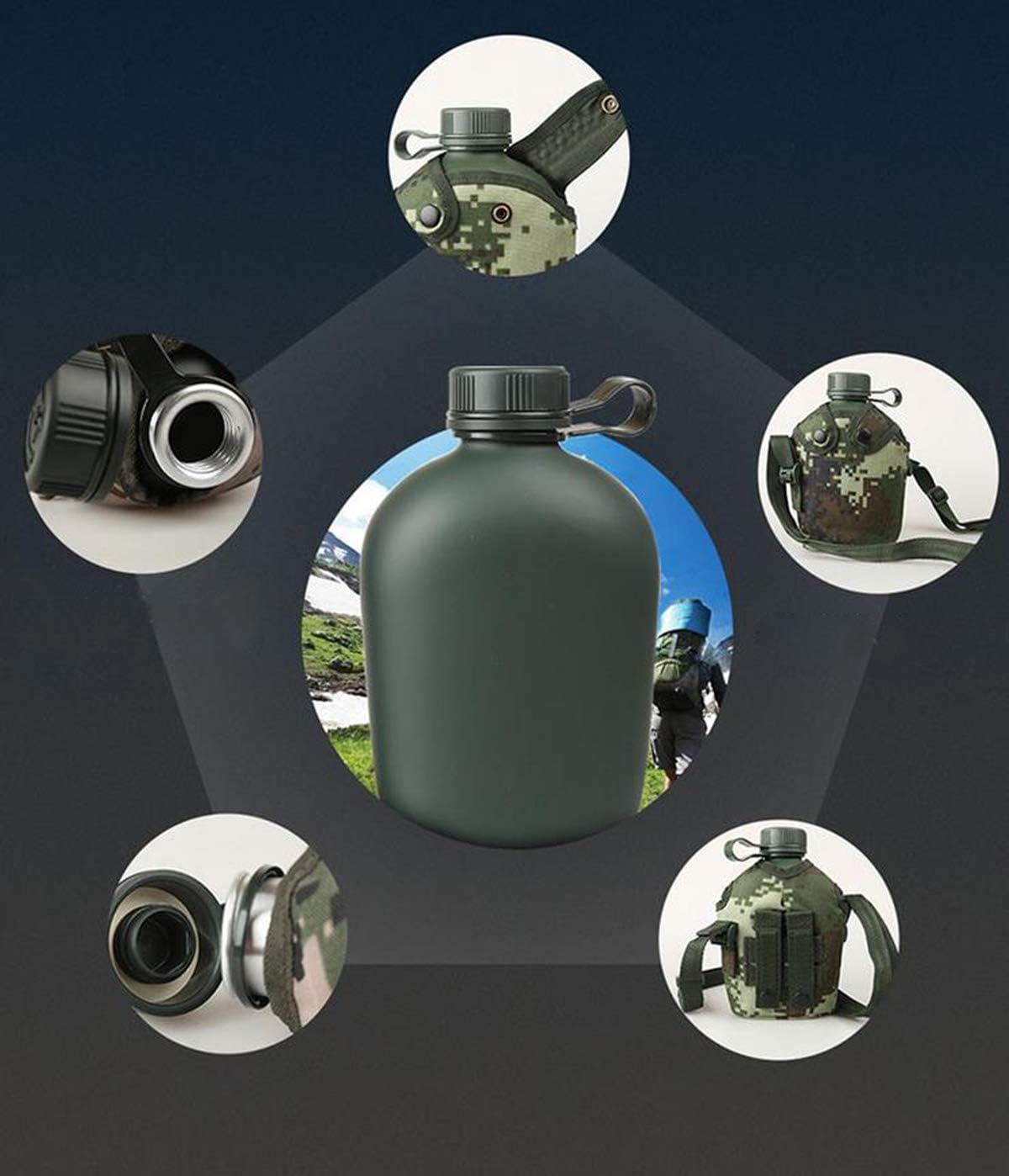 Jadedragon Military Canteen Water Bottle, Aluminium Water Canteen Reinforced Nylon Cover Belt Holster, Capacity?1/1.5/2/2.5/3L Portable Water Bottles with Shoulder Strap (Woodland Camouflage 1.2 L) : Everything Else