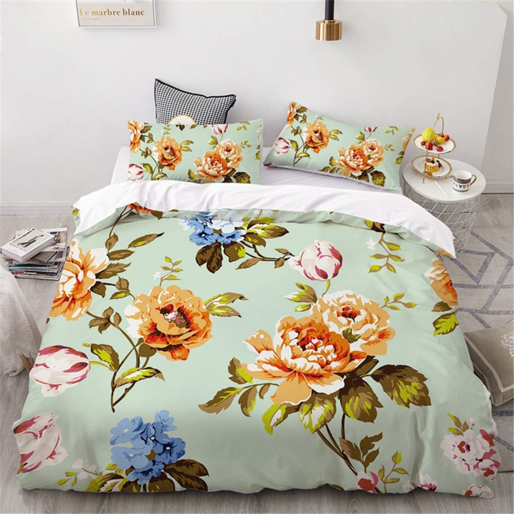 Meiju Girls Peony Duvet Cover Set Bedding Duvet Cover With Pillowcases For Double King Single Bed Microfiber Bedroom Duvet Set 3D Nordic Print (180X210cm,)