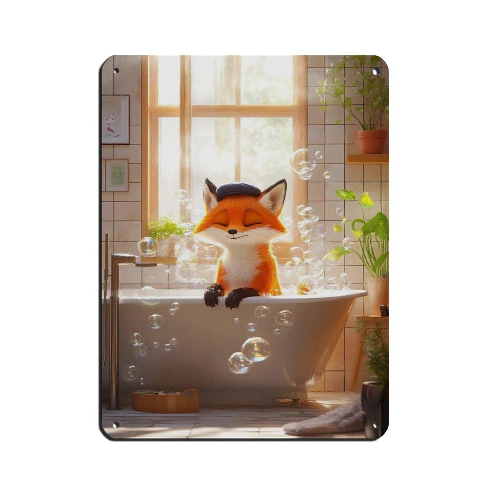 Cute Fox in Bubble Bath Retro Poster Metal Tin Sign Chic Art Retro Iron Painting Bar People Cave Cafe Family Garage Poster Wall Decoration 12x16inch(30x40cm)