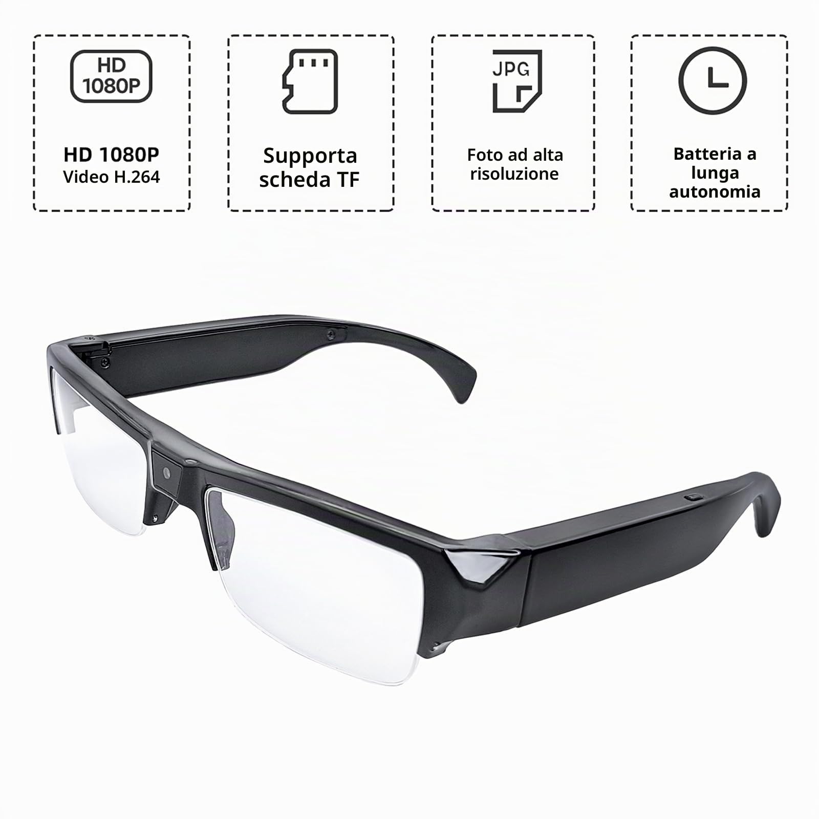 Occhiali con videocamera spia HD 1080p, alla moda, per guida, escursionismo, pesca, equitazione (scheda micro SD 32G inclusa)