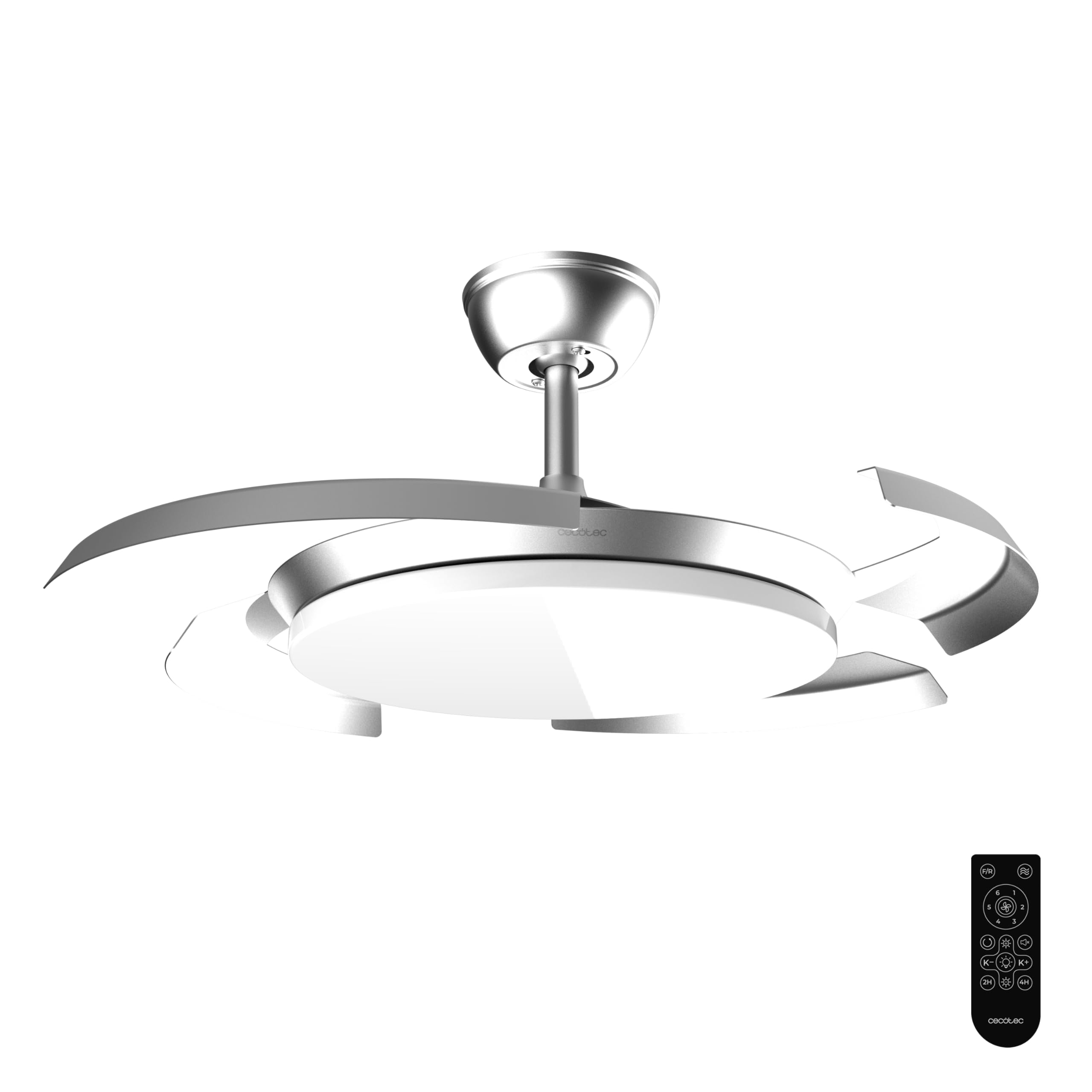 Cecotec Ventilatore da Soffitto con Luce Pale Retrattili EnergySilence Aero 4500 Puzzle Invisible Silver.30W, Motore DC, Diametro 42", LED, Telecomando, Timer, Funzione Estate/Inverno, Fresco Uniforme