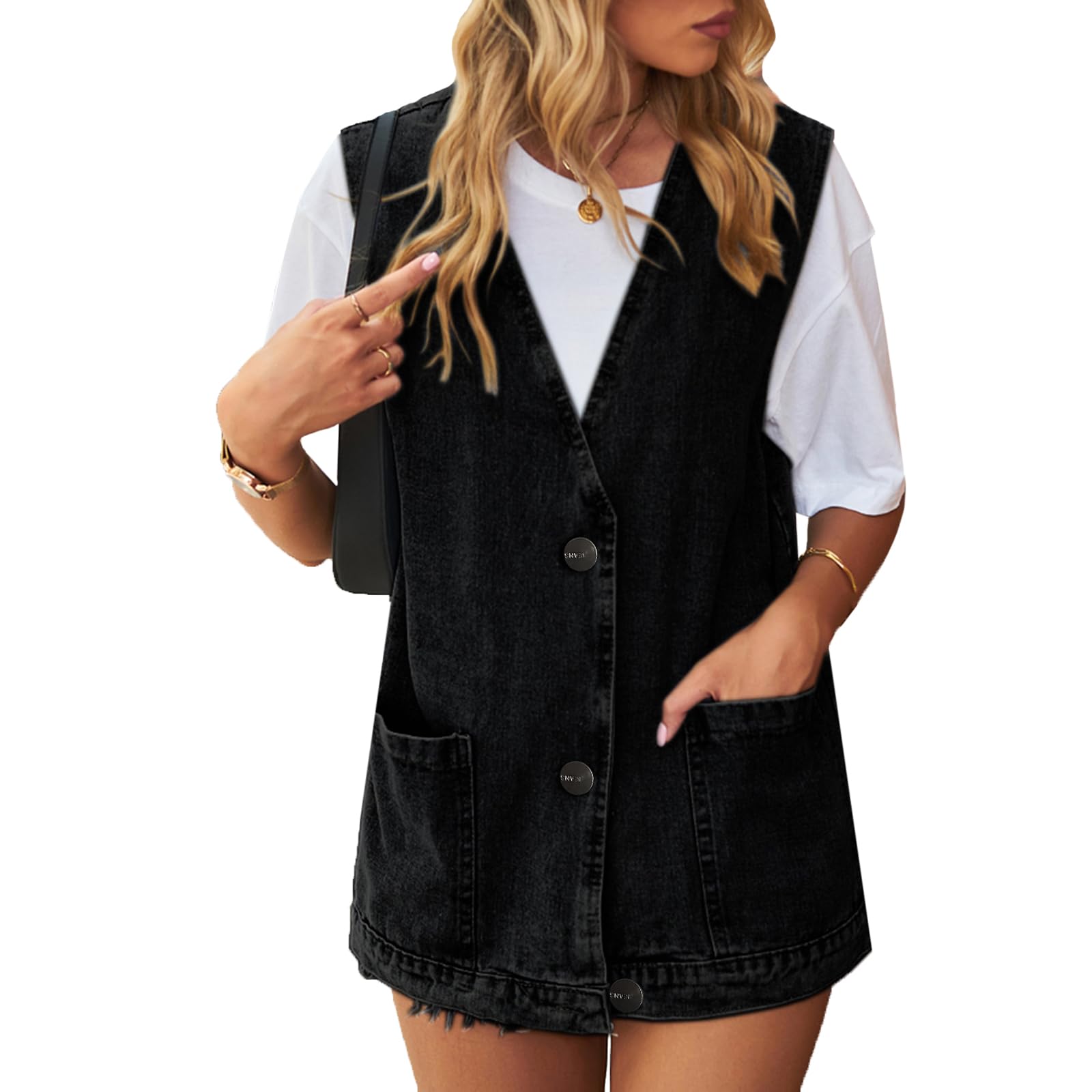 Gilet in Denim Da Donna Con Scollo A V E Bottoni Casual Ampio Senza Maniche Top in Jeans