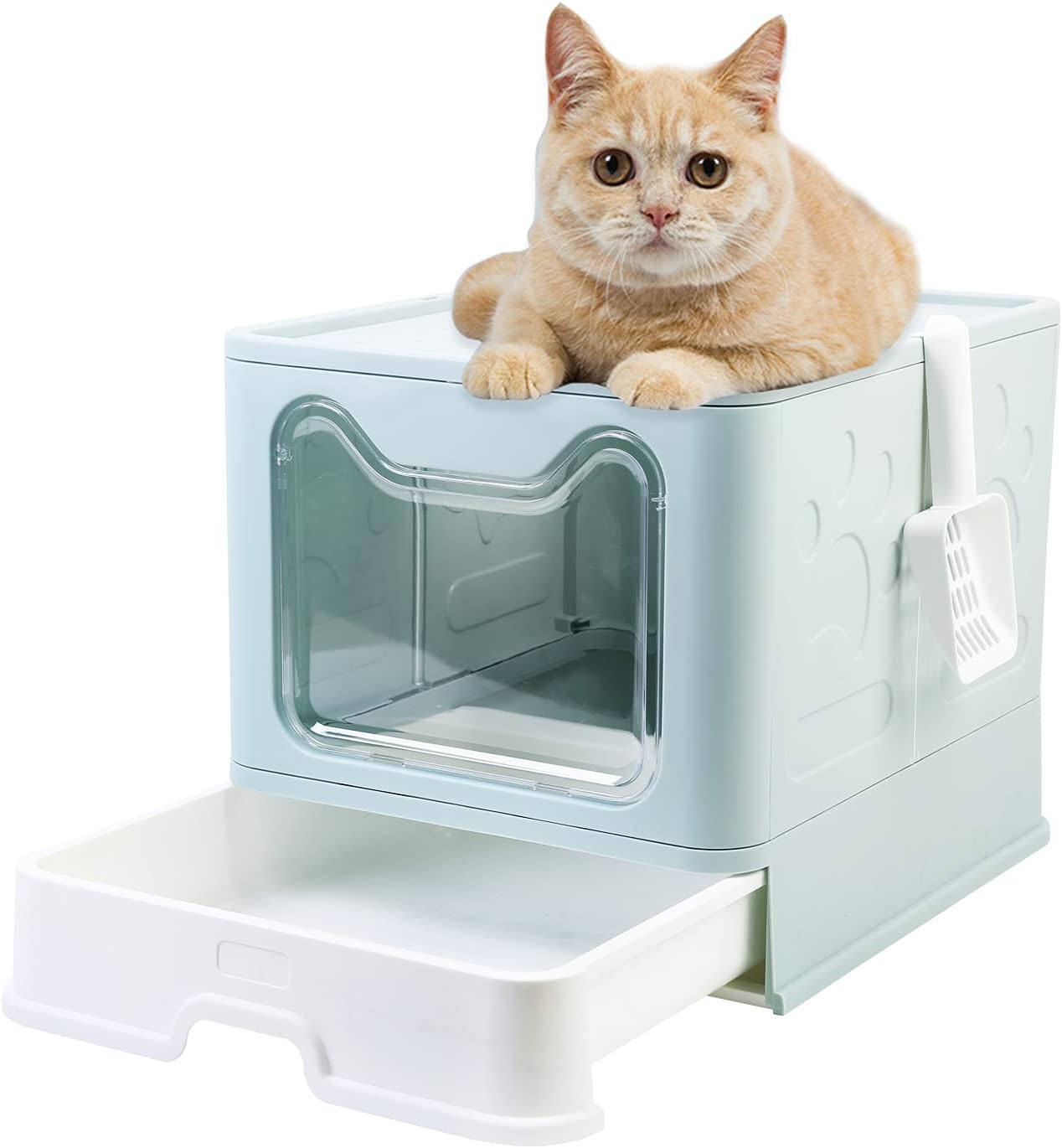Large Cat Litter Box Foldable Jumbo Top Entry Covered Litter Box with Lid, No Smell Easy to Clean Pet Litter Box with Shovel