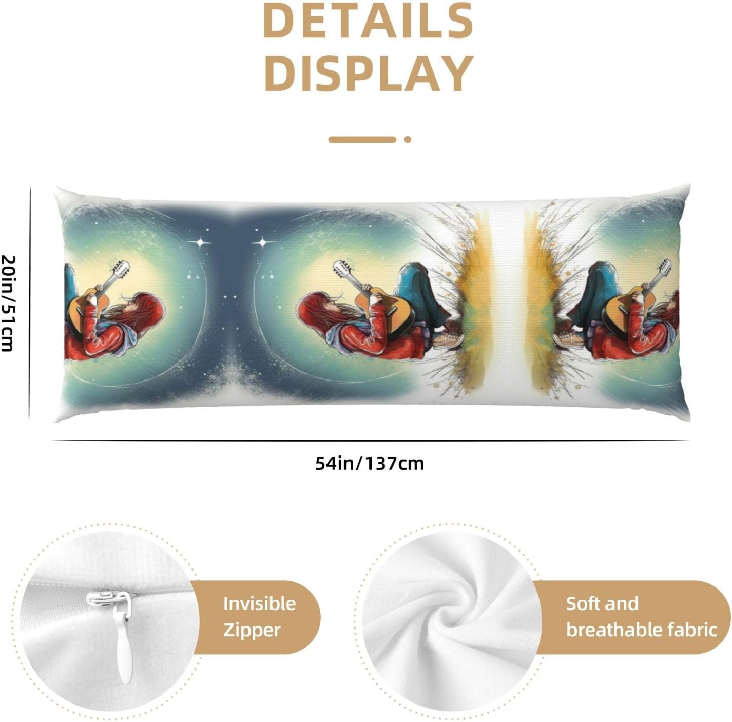 Guitar Girl Body Pillow Cover with Hidden Zipper 54"X20",Ultra Soft Microfiber Long Pillow Case Decorative Bedding Pillowcase Cushion Cover Cases for Bedroom Couch Sofa,Home Gifts