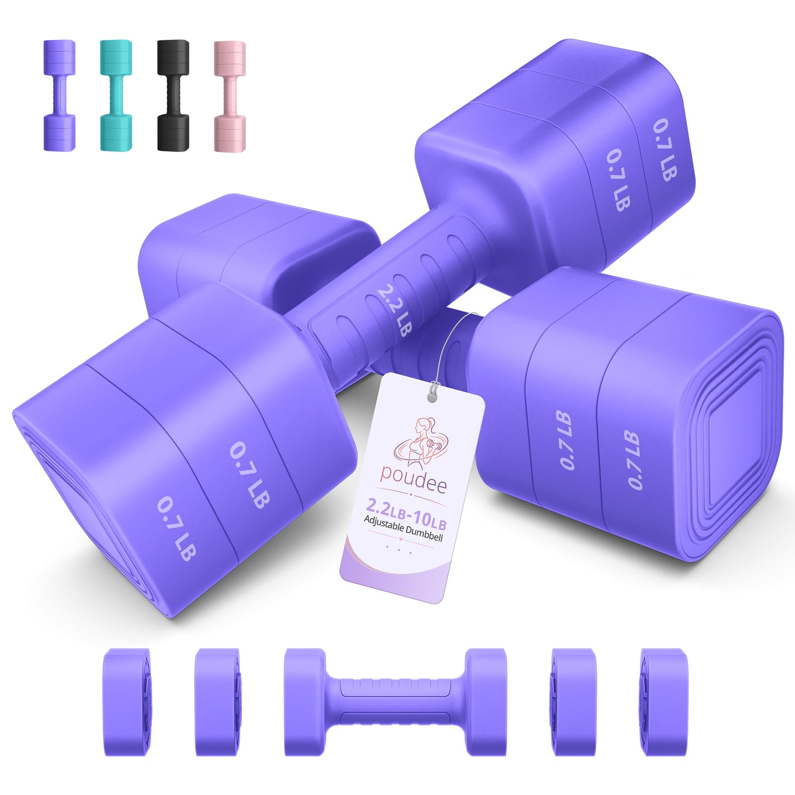 Poudee Adjustable Dumbbell Set, 3-in-1 Hand Weights for Women and Men at home,2lb/3lb/5lb/10lb/15lb/20lb, Adjustable Weights for Home Gym, Pilates, Yoga, Strength Training, Anti-Slip Handle, Purple