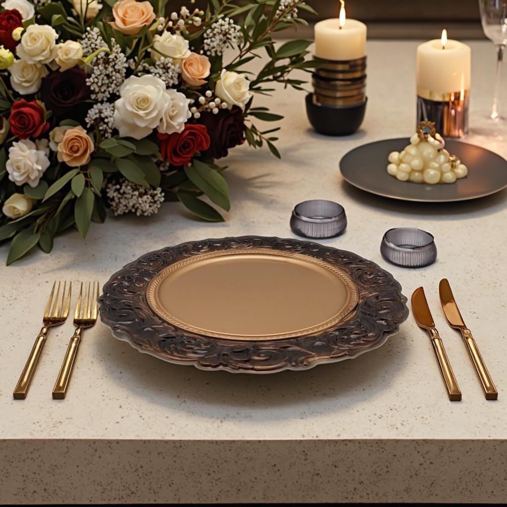 Xiangjin 12-piece antique-style round charging plates, plastic dinner decorative plates with embossed floral design, suitable for wedding, birthday party, and other event table decorations