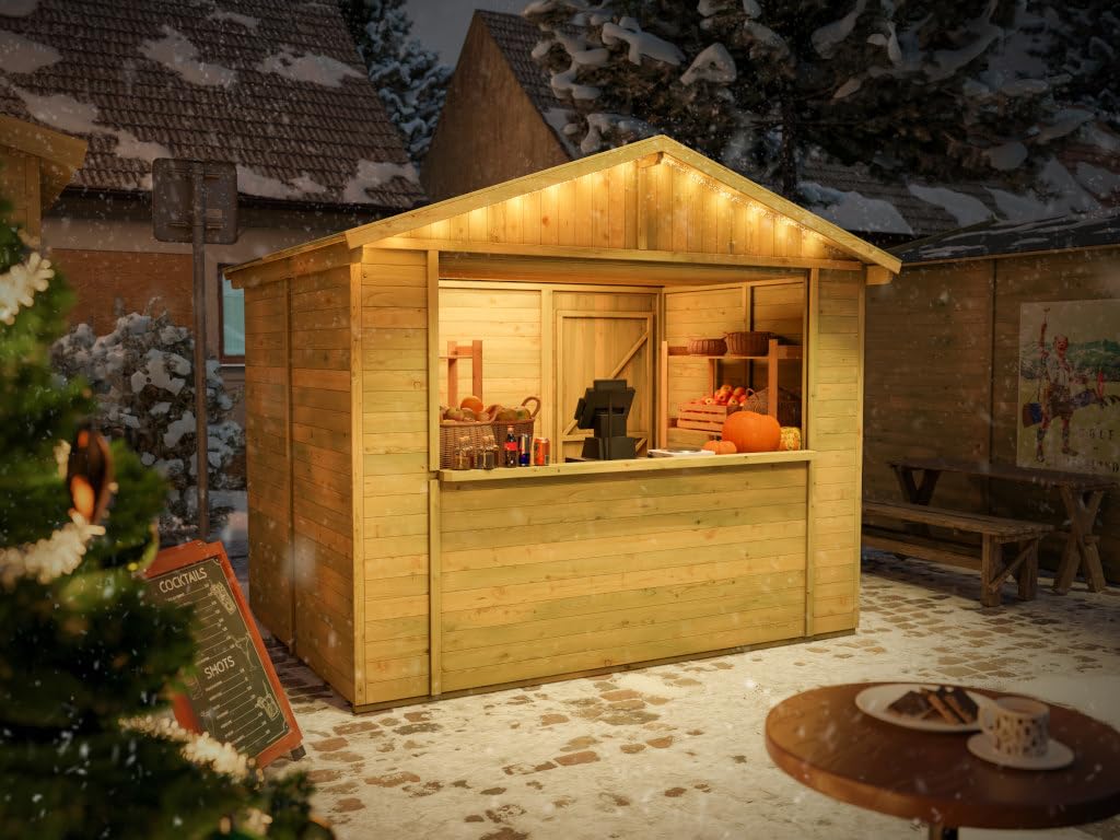 Marktstand Holz | Verkaufsstand Holz | imprägniert | 266x175x239 cm | 4,7m² | mit Boden | Dach | Wandstärke 16mm | Dach 15mm | Kiefernholz | Markt | Weihnachtsmarkt | Wochenmarkt | Festival