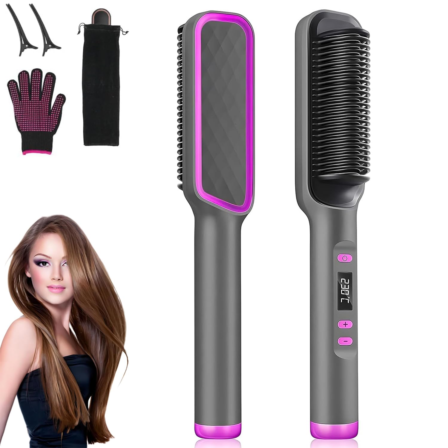 MAYCREATE® Hair Straightener Brush, 2 in 1 Straightening Brush Fast Heating & 5 Temp Settings Anti-Scalding Hair Straightener, Negative Ion Tourmaline Ceramic Coating Hair Styling Tools for Women