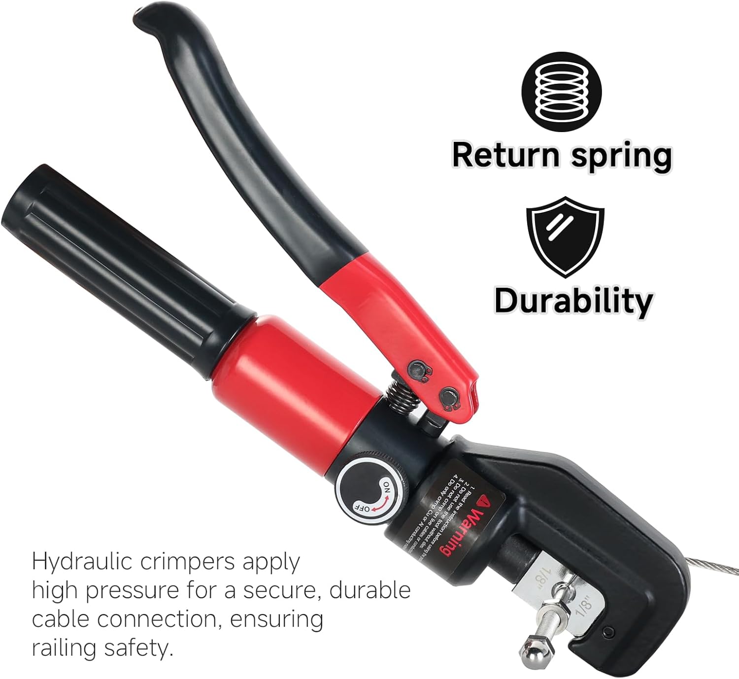 Hydraulic Lug Crimping Tool 10 US Ton with Wire Rope Cutter, 9 US Standard Chromed Hexagonal Dies 12, 10, 8, 6, 4, 2, 1/0, 2/0 AWG for Electrical Terminals and 1/8" for Stainless Steel Wire Rope